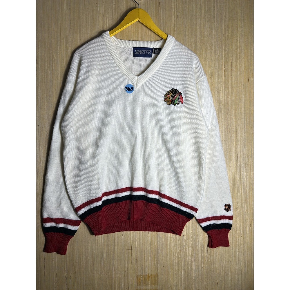 Vintage 90 Starter Chicago Blackhawks NHL Sweater White Medium Long Sleeve Men's